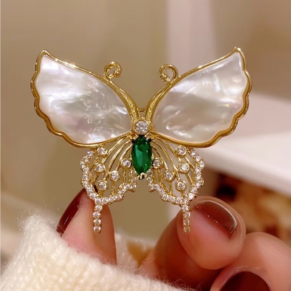 New Gold Butterfly Brooch Mother-of-Pearl Wings Emerald Accent Green Rhinestones